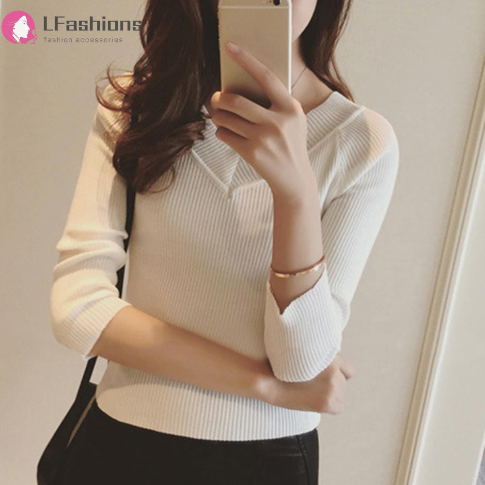 [Lfashions] Autumn Women Off Shoulder V-Neck Knit Tops Long Sleeve Pullover Sweaters