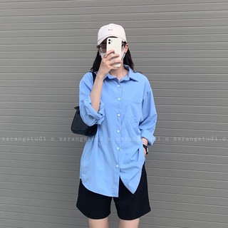 Áo sơ mi xanh/ trắng form dài rộng