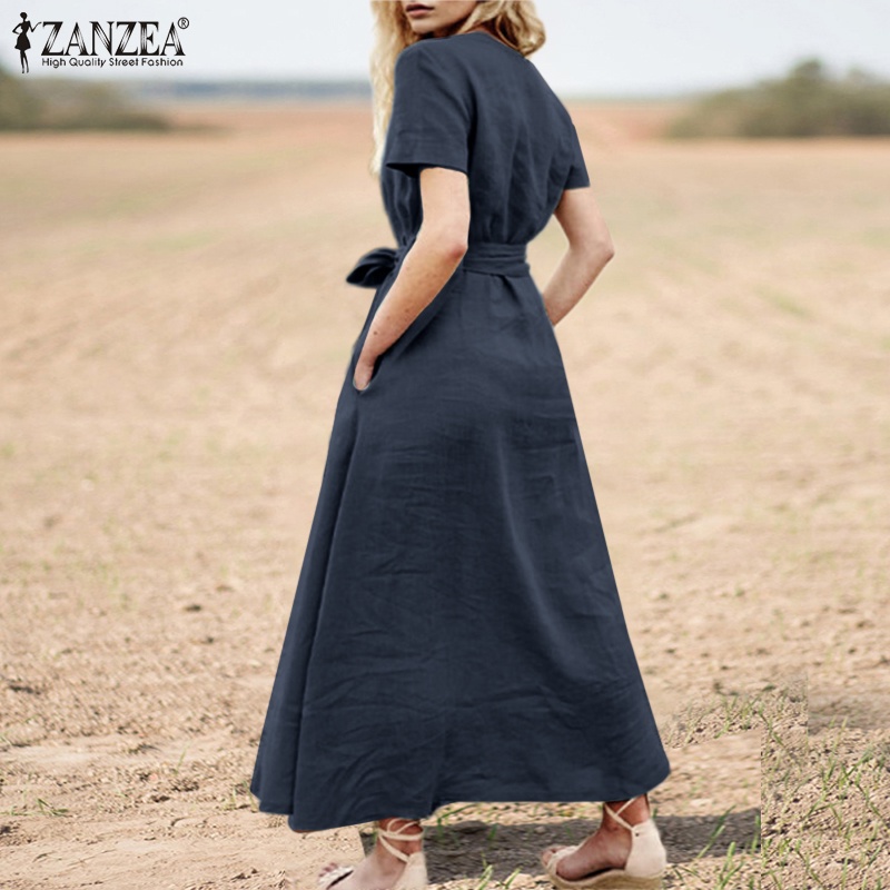 Đầm ZANZEA dáng dài tay ngắn cổ chữ V thời trang dành cho nữ