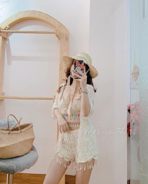 Set biển - set 3 món - áo 2 dây thổ cẩm + quần ren tua rua điệu + choàng ren hoa hồng (có tách rời)