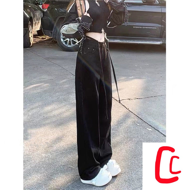 Quần Jeans Nữ Dài Lưng Cao Dáng Rộng Màu Đen Cá Tính
