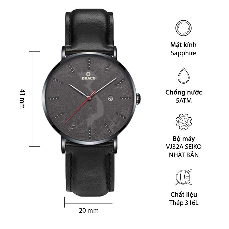 Đồng hồ nam Draco D22-ST03 &quot;Vietnamese Boy&quot; Đen Dây Da Đen- thời trang nam