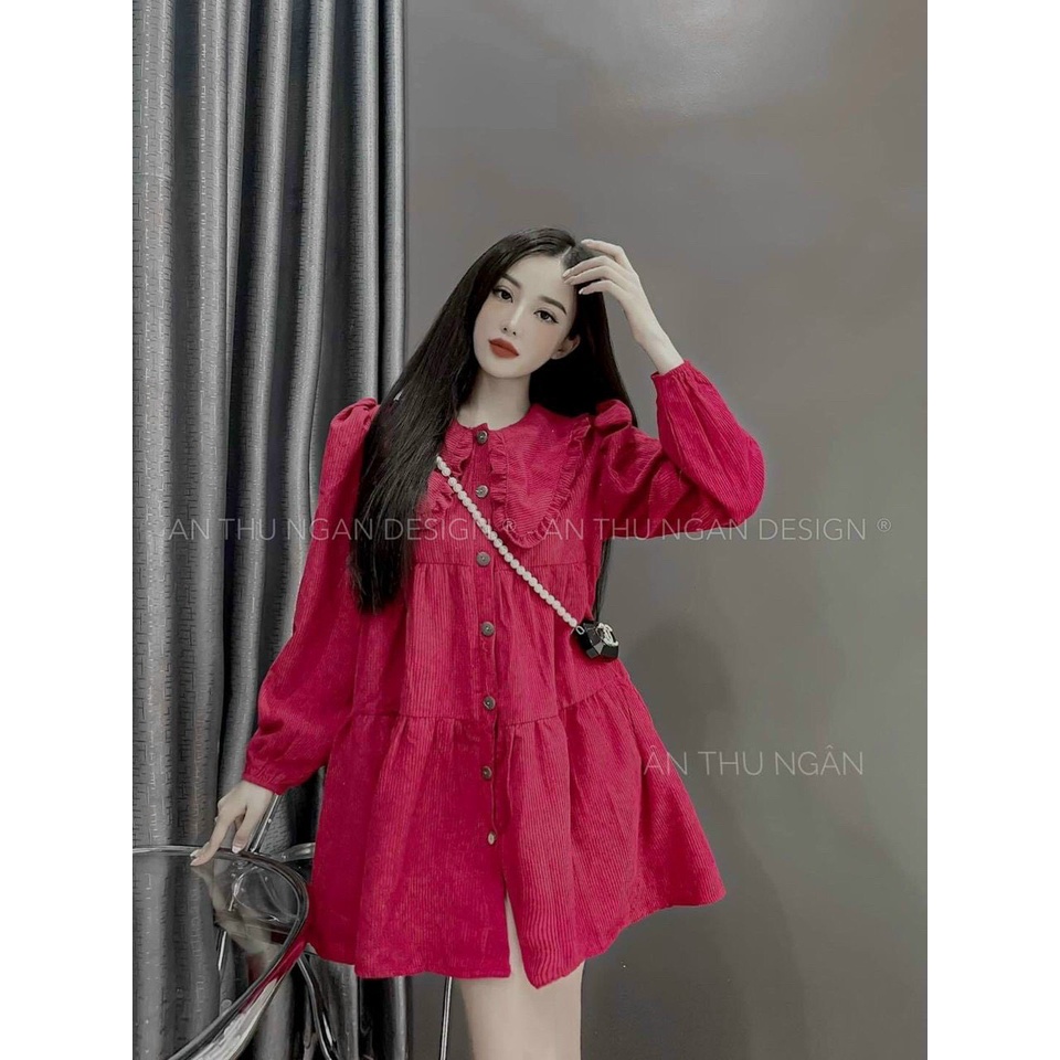 Đầm nhung baby phối nút tay dài cổ bẻ nhọn hot