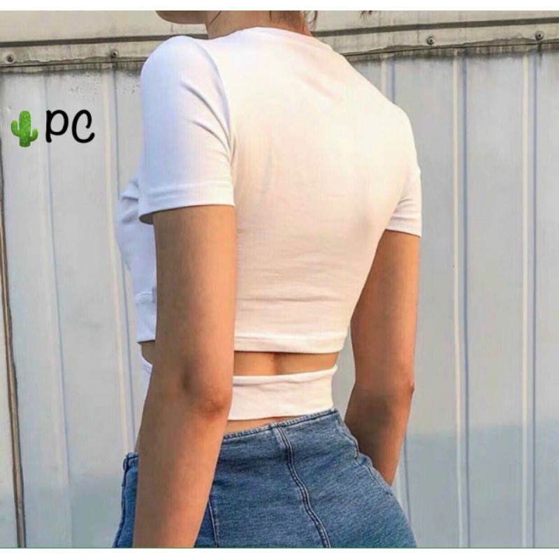 Áo croptop thêu chữ (PC) dây xoắn bụng thun borip