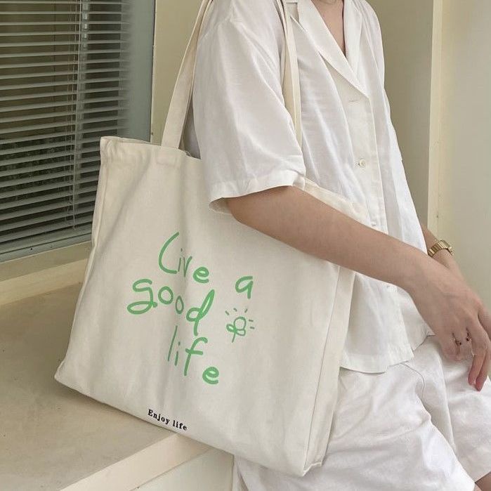 Túi đeo vai ENVIROSAX vải canvas sức chứa lớn họa tiết chữ phong cách Hàn Quốc