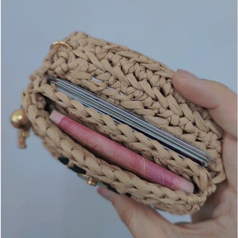 Ví cầm tay bằng cói có ngăn đựng thẻ/ chìa khóa phong cách Hàn Quốc cho nữ