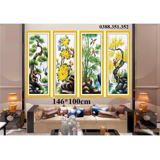 Tranh thêu chữ thập tứ quý tùng cúc trúc mai 146*100cm