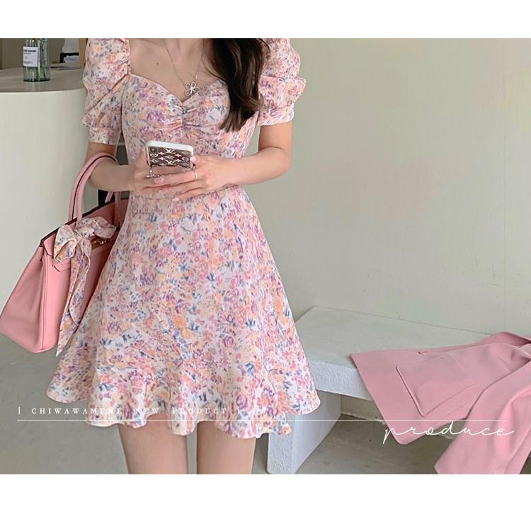 Đầm Chữ A mini Dáng Ôm Tay Phồng In Họa Tiết Hoa Phong Cách Pháp Thời Trang Mùa Hè Hàng Mới Dành Cho Bạn Nữ