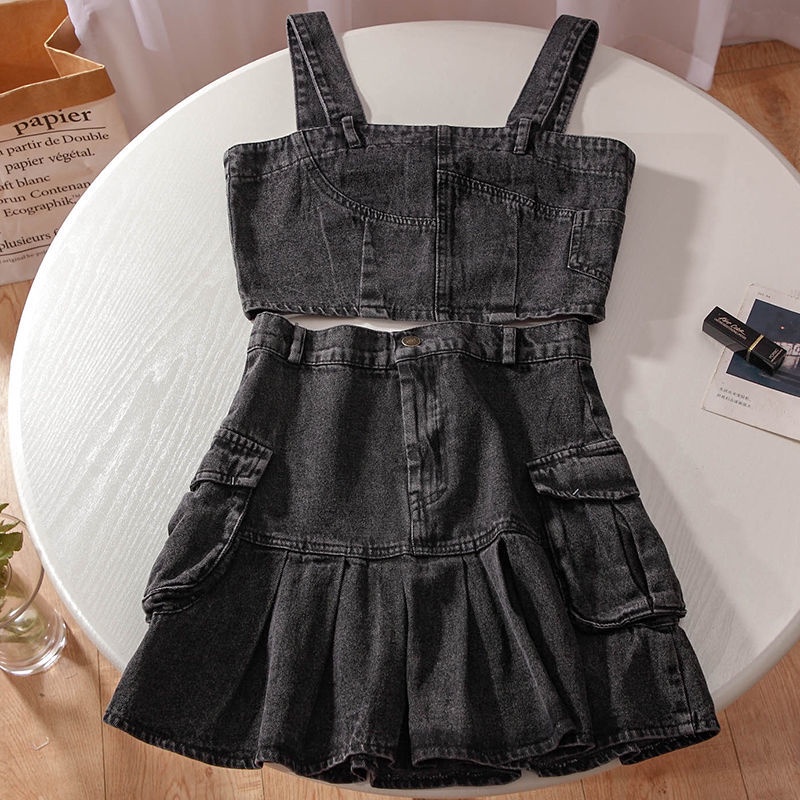 Bộ đồ JSC gồm áo hai dây denim và chân váy chữ A lưng cao xếp ly thời trang mùa hè cho nữ