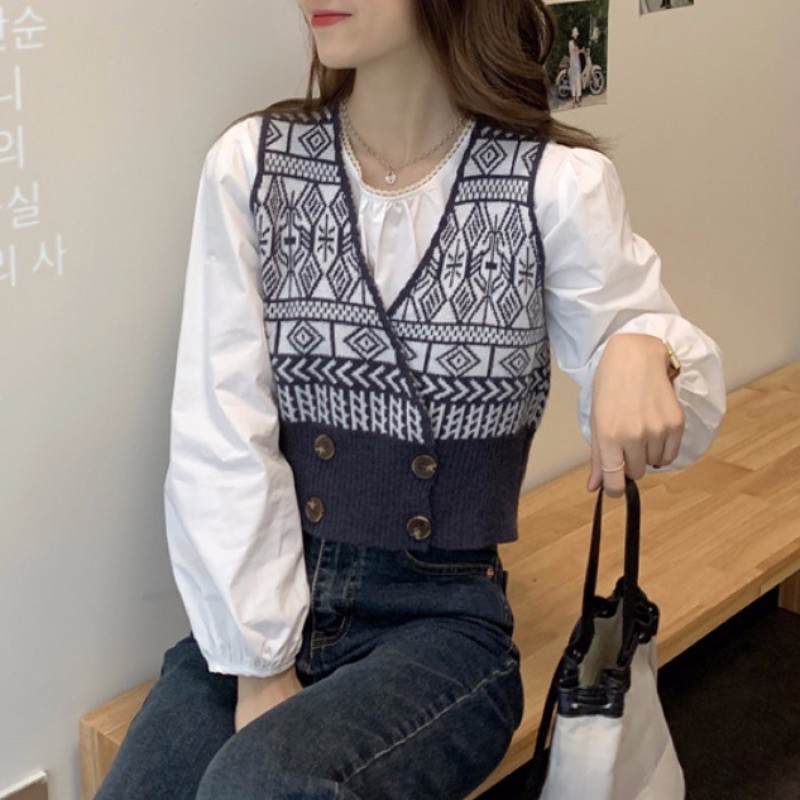 MS290 Áo gile croptop hoạ tiết 4 khuy len mỏng