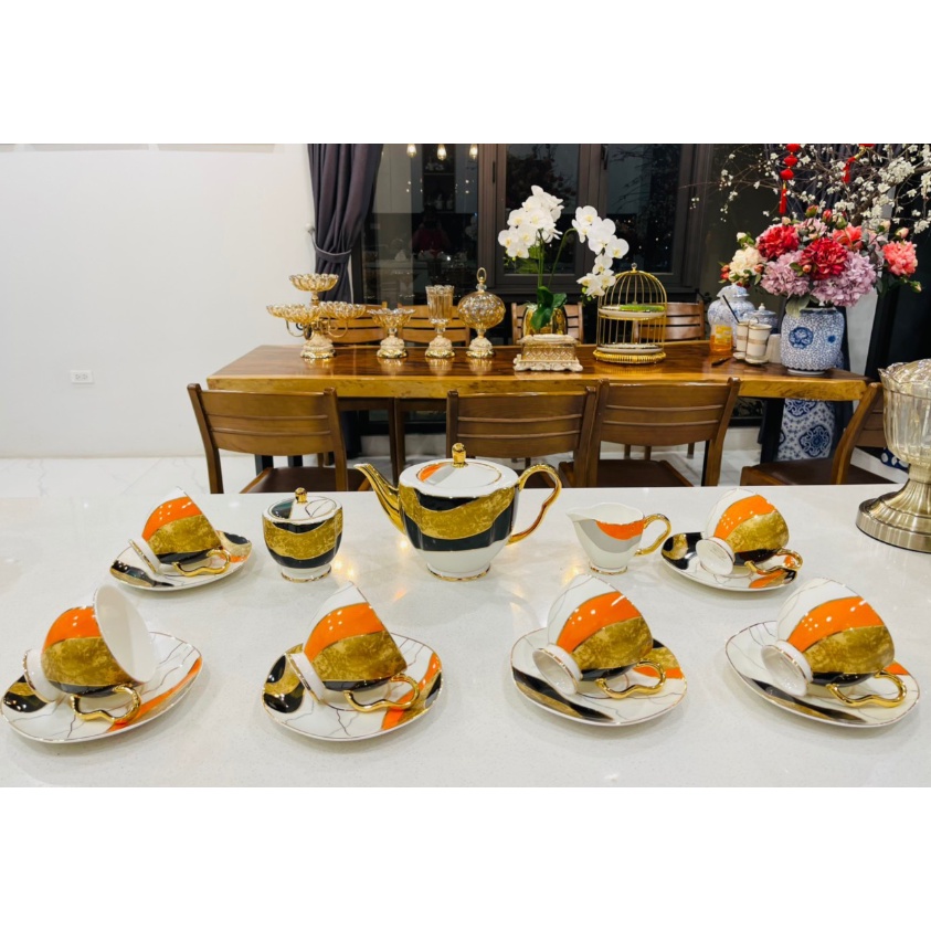 ấm chén cao cấp sứ xương kèm hộp quà tặng cao cấp. bộ ấm pha trà cao cấp. bộ tách trà cao cấp