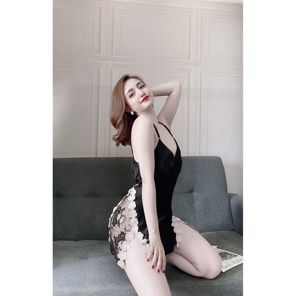 Váy Ngủ Sexy, Đầm Ngủ 2 Dây Kèm Quần ( Có Mút Ngực ) Chất Lụa Satin Phối Ren Hông Sexy Quyến Rủ, Gợi Cảm. | BigBuy360 - bigbuy360.vn
