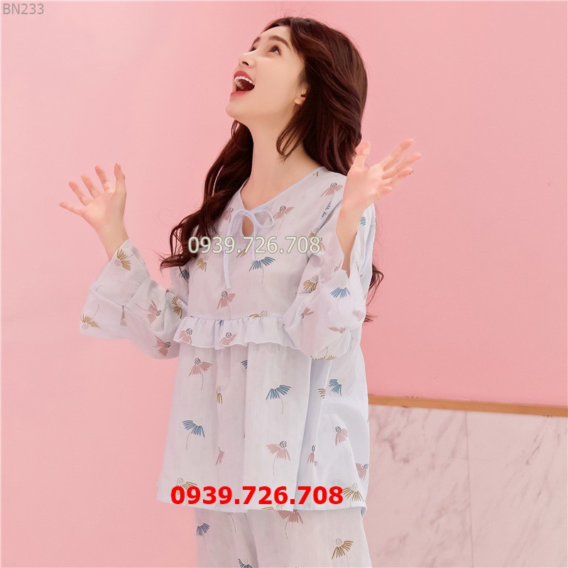 Đồ bộ dài tay mặc nhà - ĐỒ bộ ngủ mặc nhà tay dài vải cotton lụa quần dài chất vải mịn thoáng mát hàng đẹp chuẩn MÀU xan