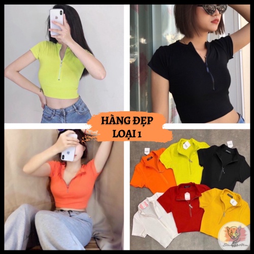 Áo croptop dây kéo tay ngắn chất thun trơn borip xịn | Áo kiểu - AK0030 | steven.factory