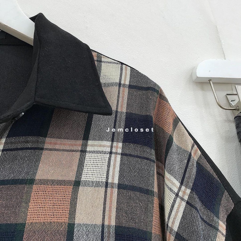 Áo Sơmi Tay Dài Nữ Jem Closet Kẻ Caro Chất Liệu Nhung Tăm Shell  2 Màu Đen Trắng Phong Cách Ulzzang Hàn Quốc- 10015