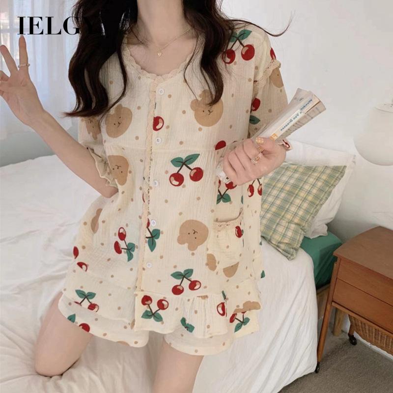 Bộ đồ ngủ IELGY gồm áo hai dây và quần đùi mỏng in họa tiết cherry dễ thương dành cho nữ