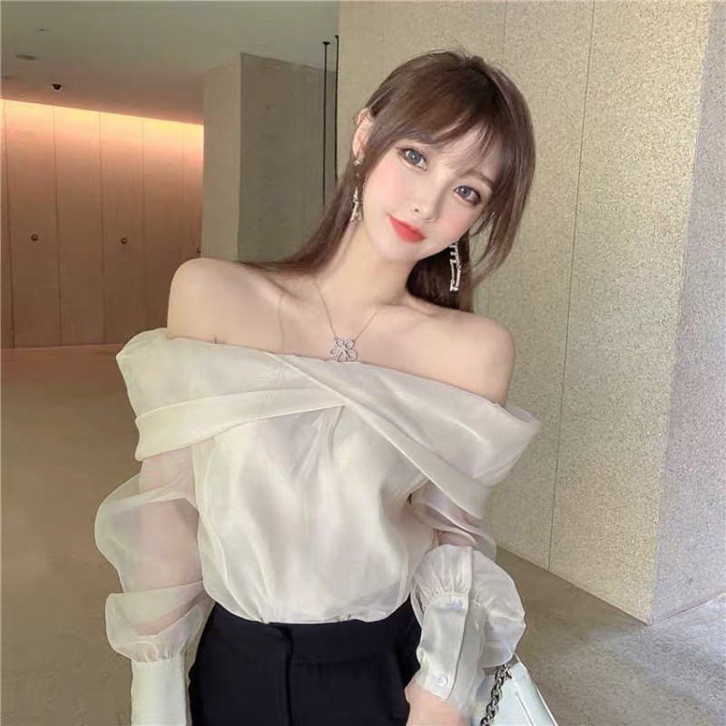Áo trễ vai tiểu thư màu be hàng quảng châu