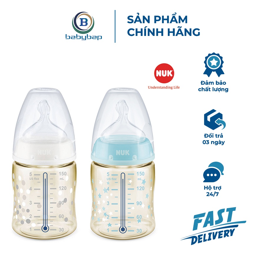 Bình Sữa Cảm Biến Nhiệt NUK PPSU 150ml/300ml Núm Ti Dẹt Chỉnh Nha Độc Quyền Của NUK