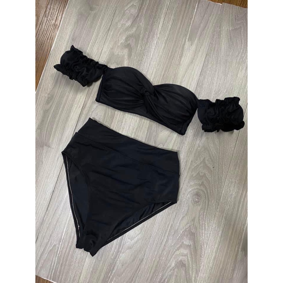 [Xưởng May Bikini Hà Minh] Bikini áo xoắn ngực tay bèo, quần lưng cao dễ thương (màu tím và đen) EVA shop