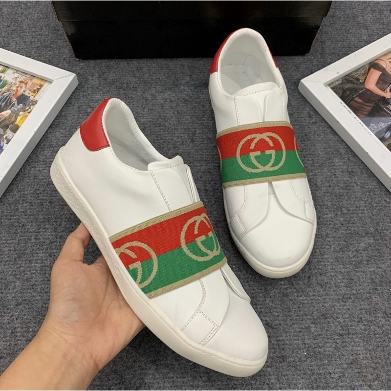 Giầy nam Gucci có hoạ tiết chữ ngang in chìm, Giày thời trang nam đế trắng mũi tròn phong cách giới trẻ btshop từ 38-42.