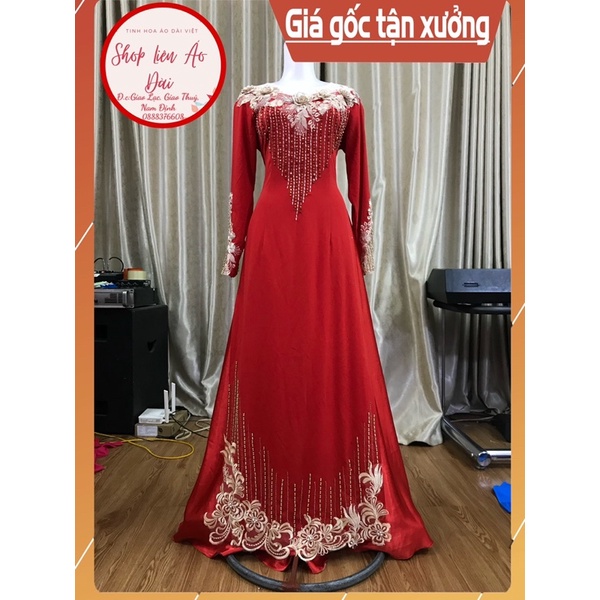 Áo dài đỏ thiết kế cổ phối von đính kết hoa ren xinh, hàng thiết kế cho quý bà dự tiệc, lên sui sang trọng
