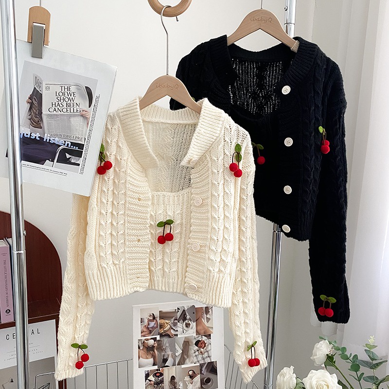 Set áo khoác cardigan kèm áo hai dây đính quả cherry Thucucstore Áo cardigan len hàng Quảng Châu loại 1