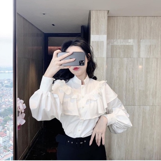 Áo sơ mi tay bồng cổ nơ khuy ngọc tiểu thư, áo sơ mi nút ngọc bèo tầng cổ trụ xinh xắn KH88