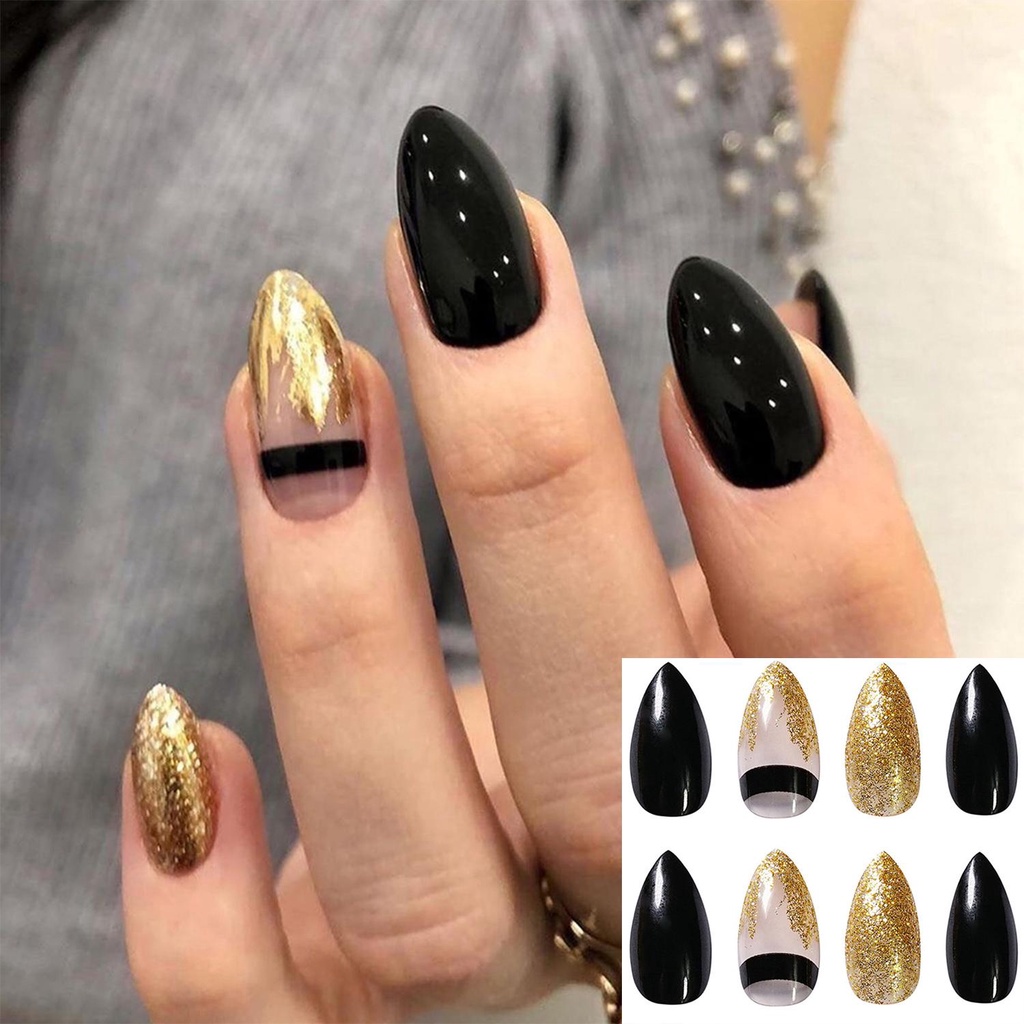 Bộ 24 Móng Tay Giả Đầu Oval Màu Laser Che Phủ Toàn Diện