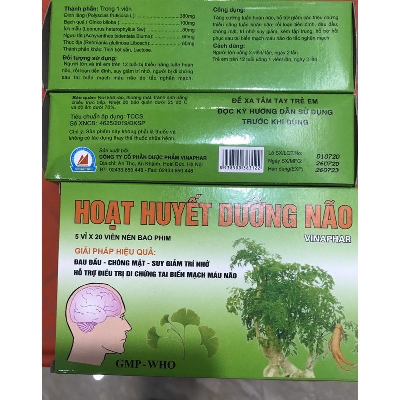 HOẠT HUYẾT DƯỠNG NÃO 100 viên_Rối loạn tiền đình_Đau đầu,chóng mặt_Hoa mắt ù tai ,Suy Giảm trí nhớ