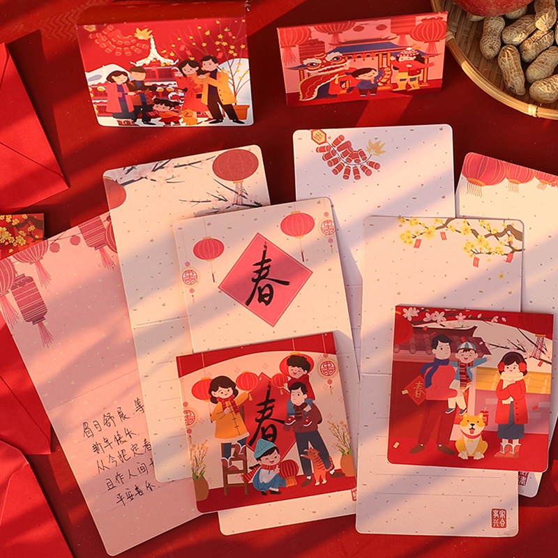 CNY Set 6 Thiệp Chúc Mừng Năm Mới Màu Đỏ Phong Cách Trung Hoa Kèm Bao Lì Xì