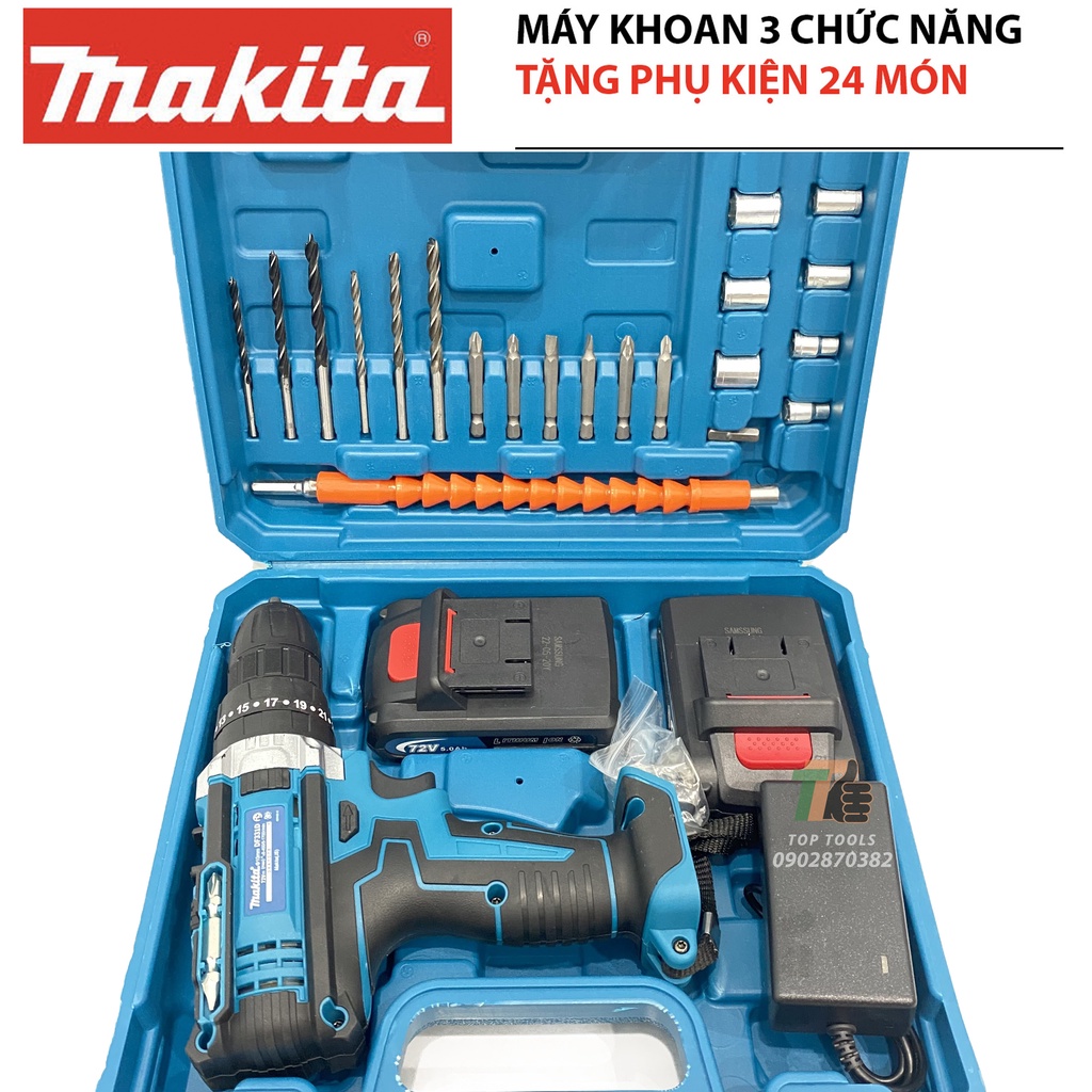Máy khoan pin, May khoan pin Makitta 72v, tặng phụ kiện 24 chi tiết, khoan pin 3 chức năng