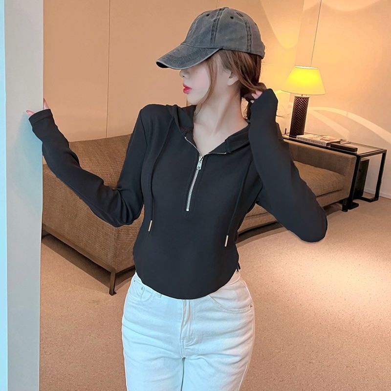 Áo Hoodie Lửng Tay Dài Có Khóa Kéo Phong Cách Hàn Quốc Thiết Kế Mới Dành Cho Nữ