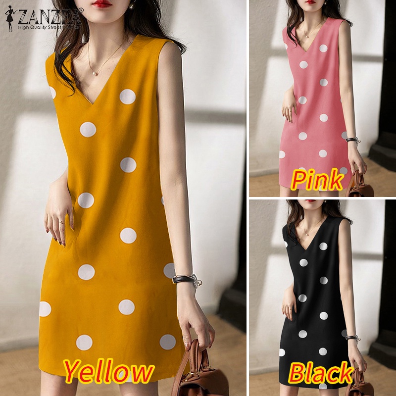 Đầm Ngắn Không Tay Họa Tiết Chấm Bi Thanh Lịch Cho Nữ ZANZEA