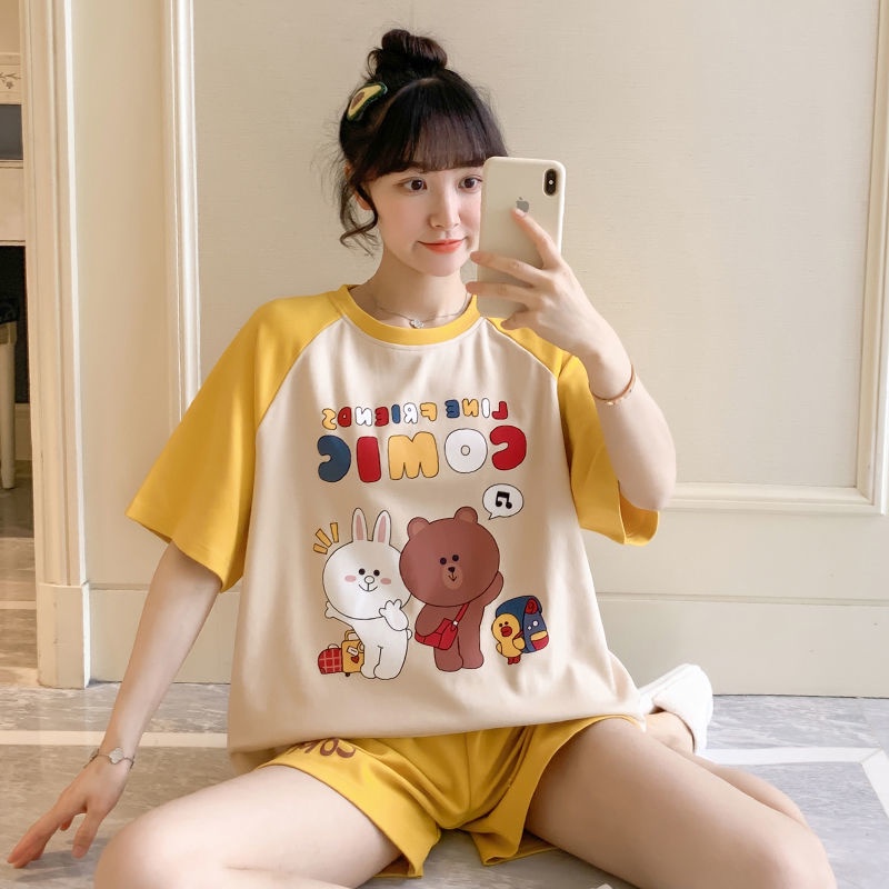 Bộ Đồ Ngủ Tay Ngắn Dáng Rộng Phong Cách Hàn Quốc Dễ Thương Thời Trang Mùa Hè Cho Nữ