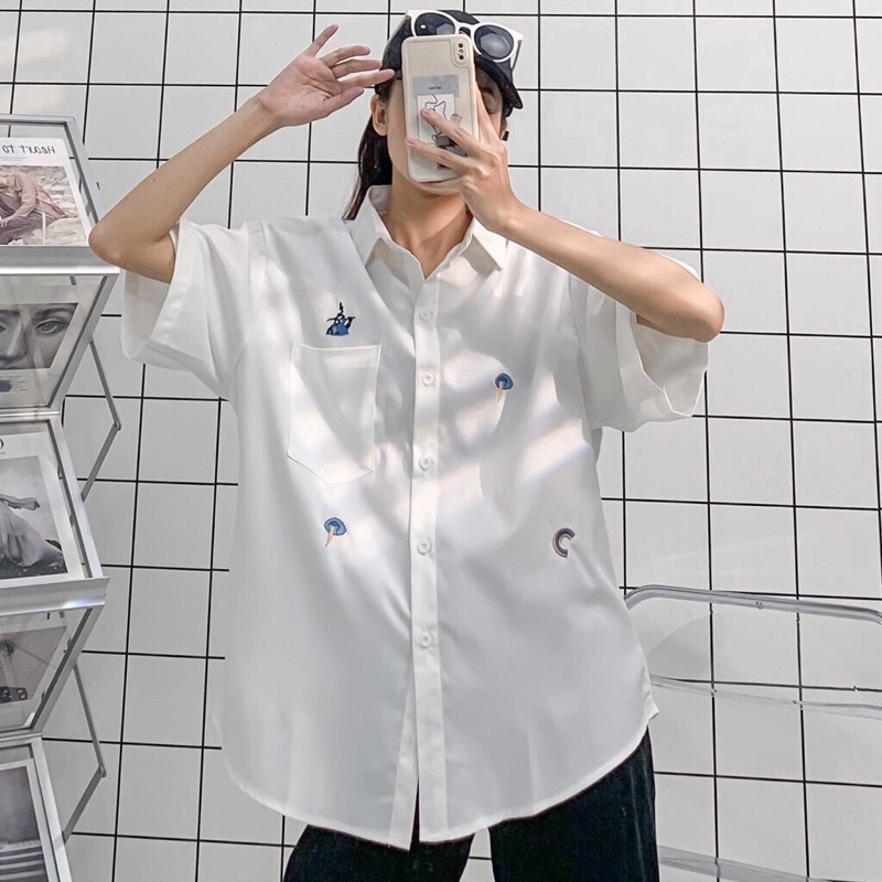 [SIEU SALE] Áo Sơ Mi Tay Lỡ Unisex Form Rộng Nam Nữ Ulzzang Hình Thêu Chất Co Dãn Thoải Mái | BigBuy360 - bigbuy360.vn