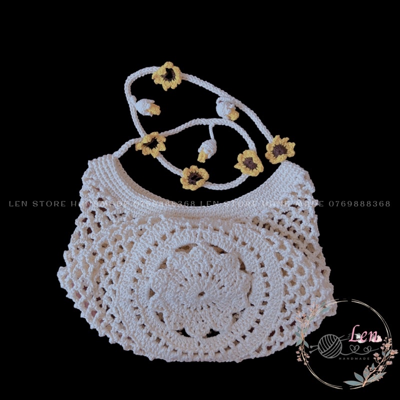 Túi lưới đi biển dây đeo chéo đính hoa hướng dương bằng sợi simply cotton - Phụ kiện thời trang handmade