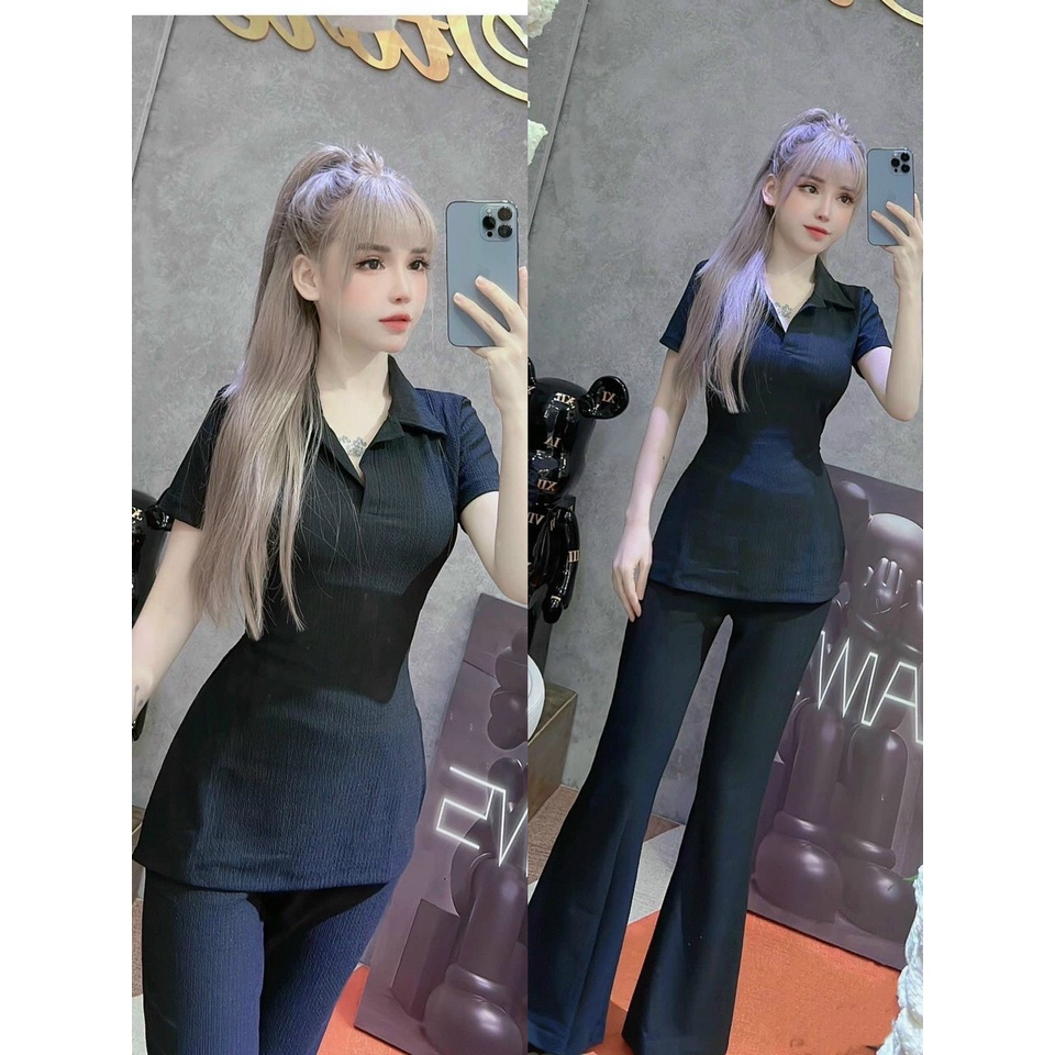 [8.8 Sales Freeship] Set bộ thun nữ, set áo cổ bẻ tay ngắn xẻ tà mix quần ống loe chất thun gân co dãn, tôn dáng