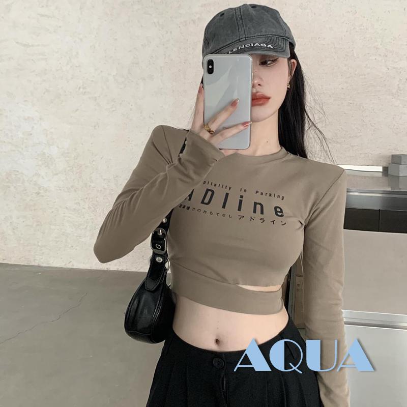 ANANA-Women´s Round Neck Crop Tops, Long Sleeve Letter Print Side Cutout Slim Fit T-Shirts