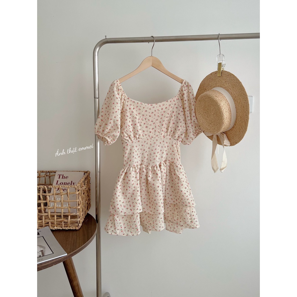 Váy hoa nhí 2 tầng tay phồng, đầm hoa vintage dáng xoè ngắn tiểu thư Emmei v140