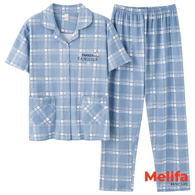 Bộ đồ Pijamas nữ ngắn tay quần dài kiểu kẻ Basic, Bộ đồ mặc nhà nữ chất cotton phong cách Hàn Quốc mã BD0168