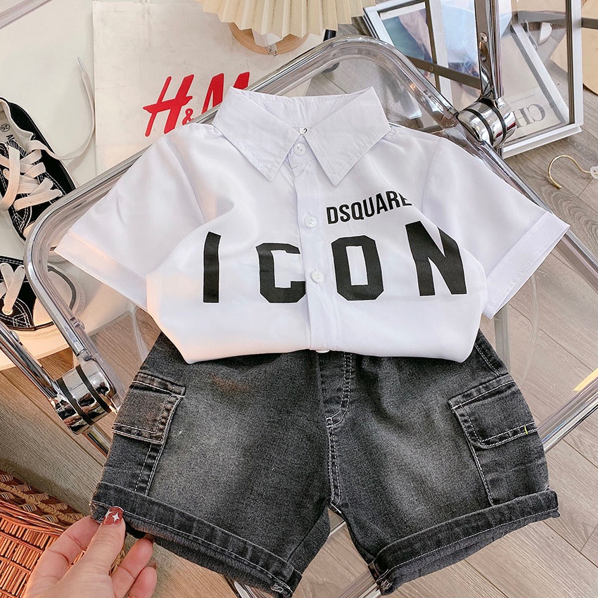 Bộ Quần Áo Sơ Mi Quần Bò In ICON DSQUANED Siêu Đẹp Cho Bé Trai Từ 8-20kg