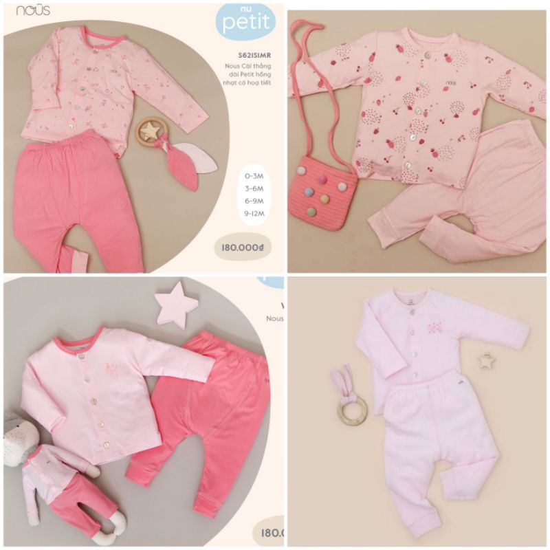 NOUS SALE -[Tổng hợp] Bộ cài thẳng dài tay màu hồng cho bé 0M-12M