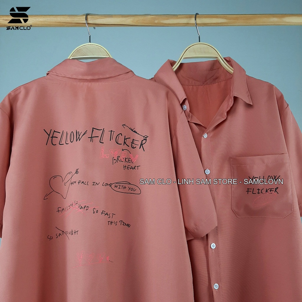 Áo sơ mi nữ cổ bẻ có túi tay lỡ dáng ulzzang freesize form rộng unisex in chữ yellow flicker LOVER