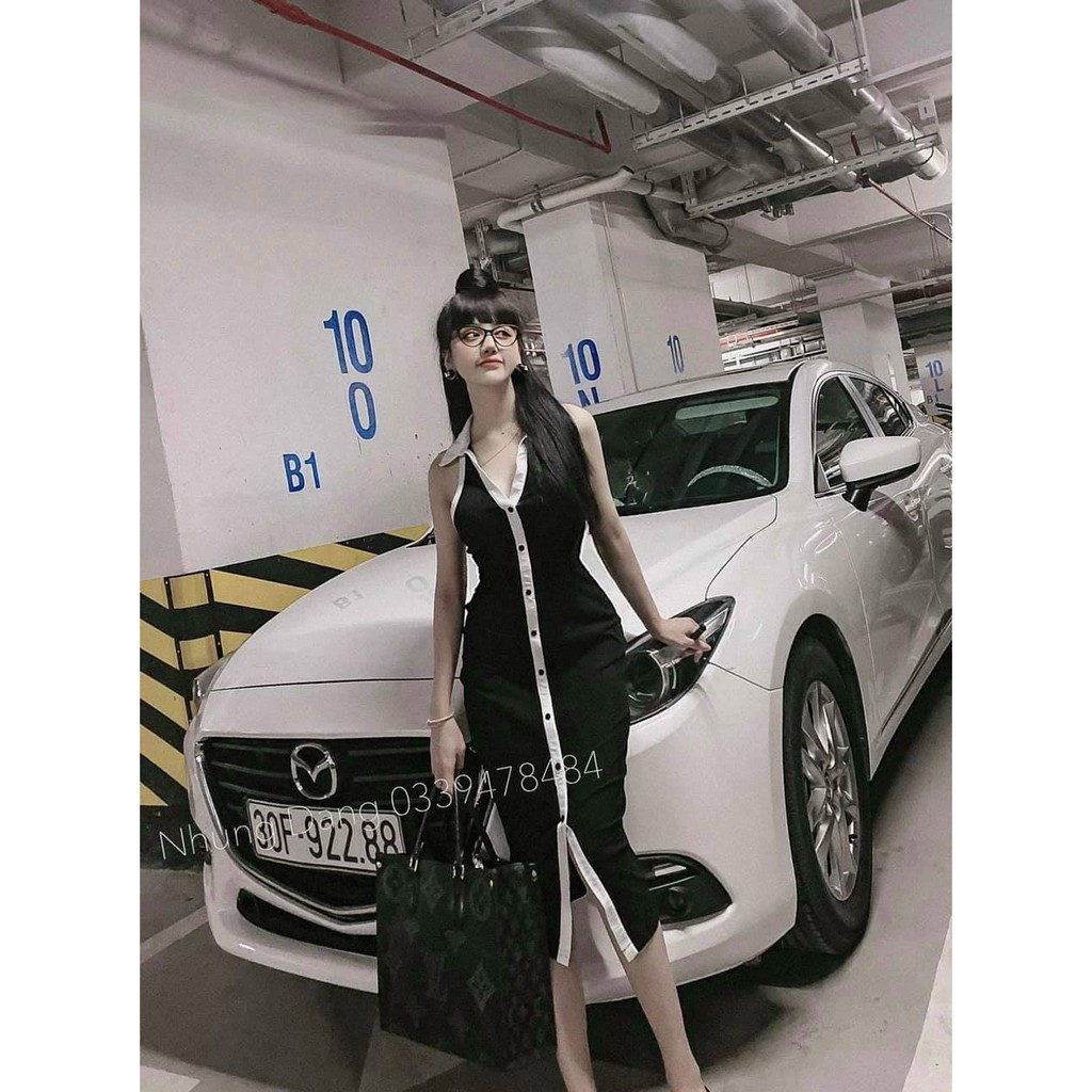 FREESHIP Đầm body phối hàng nút trước xinh xắn sang chảnh cho bạn gái cổ yếm bẻ polo thời trang free size