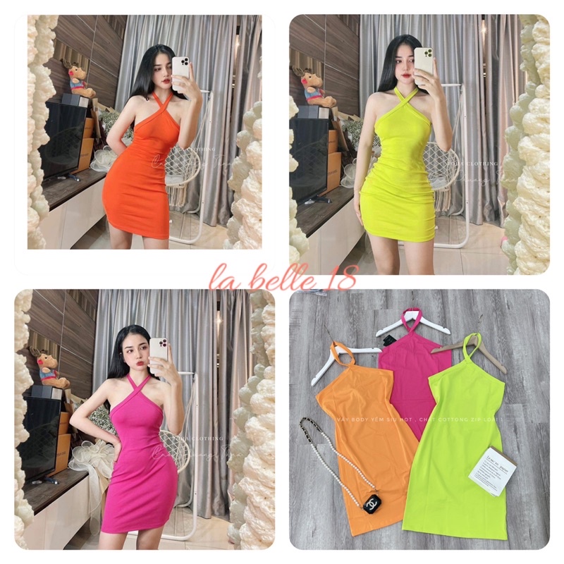Váy body cổ yếm hở vai dây cổ chất bozip cotton dãn 4 chiều Đầm ôm bó dáng ngắn