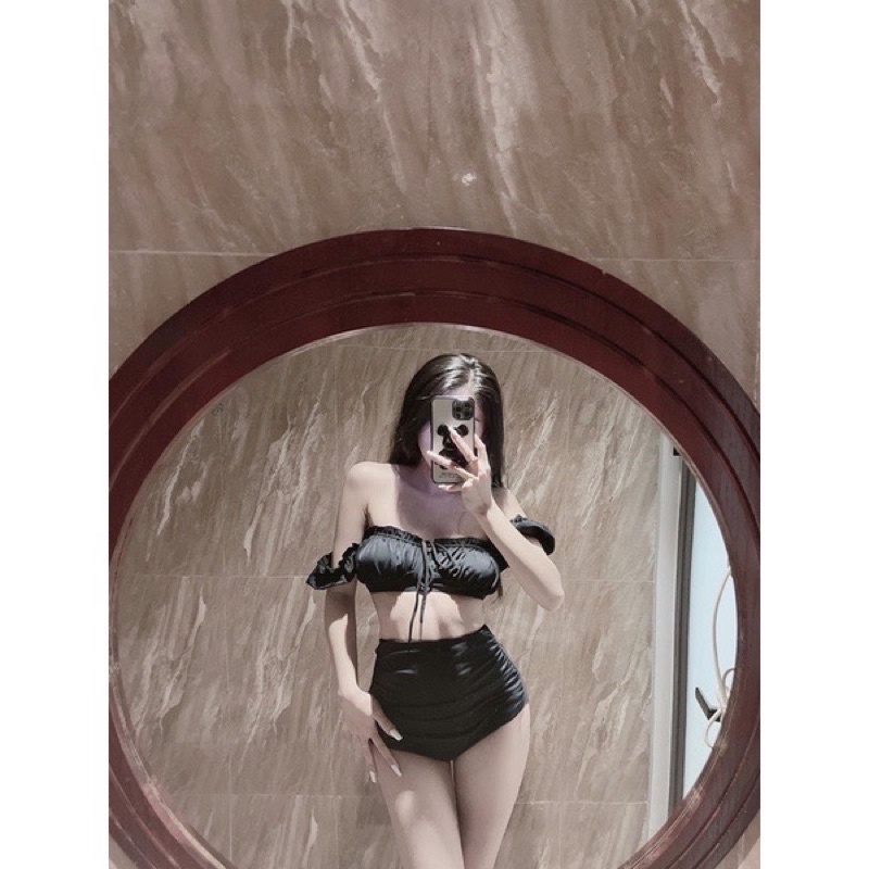 Bikini tay bồng quần dúm đen nữ tính kín đáo mặc đi biển đi bơi
