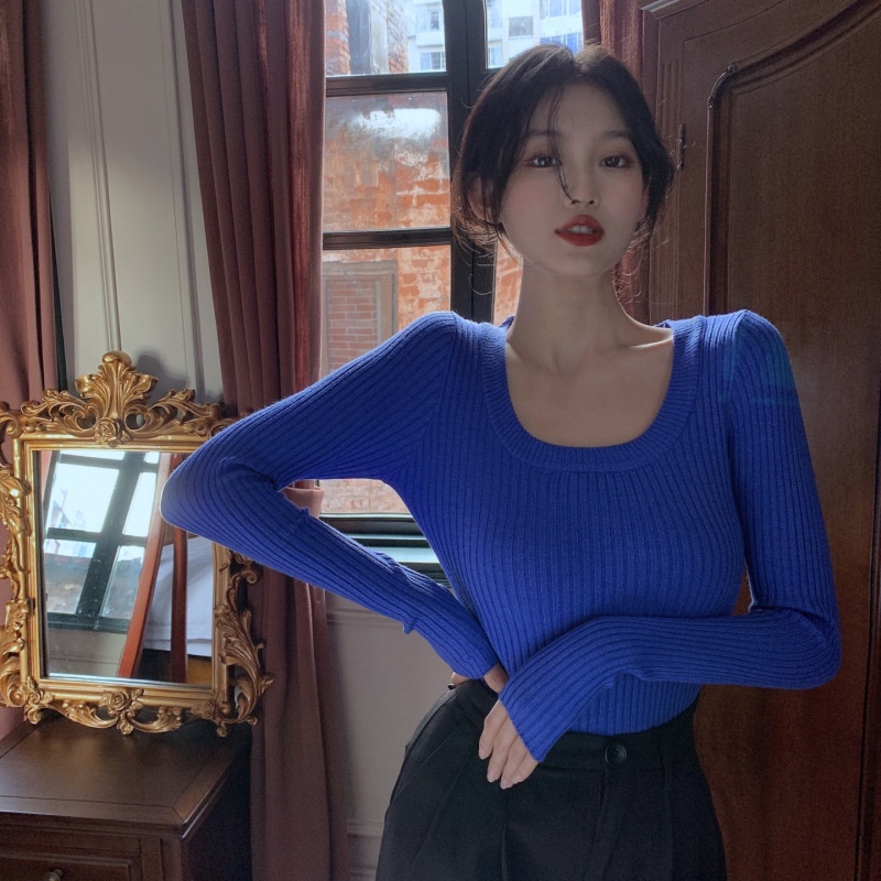 Áo dệt kim tay dài cổ tròn dáng ngắn quyến rũ thời trang cho nữ