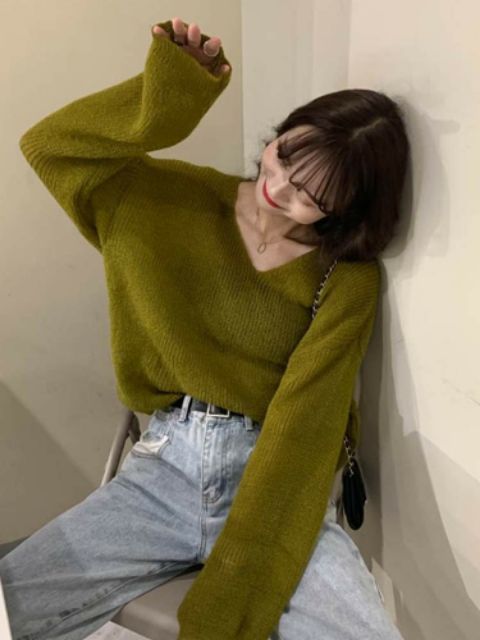 (Có sẵn)Áo len dài tay mù tạt xanh ulzzang