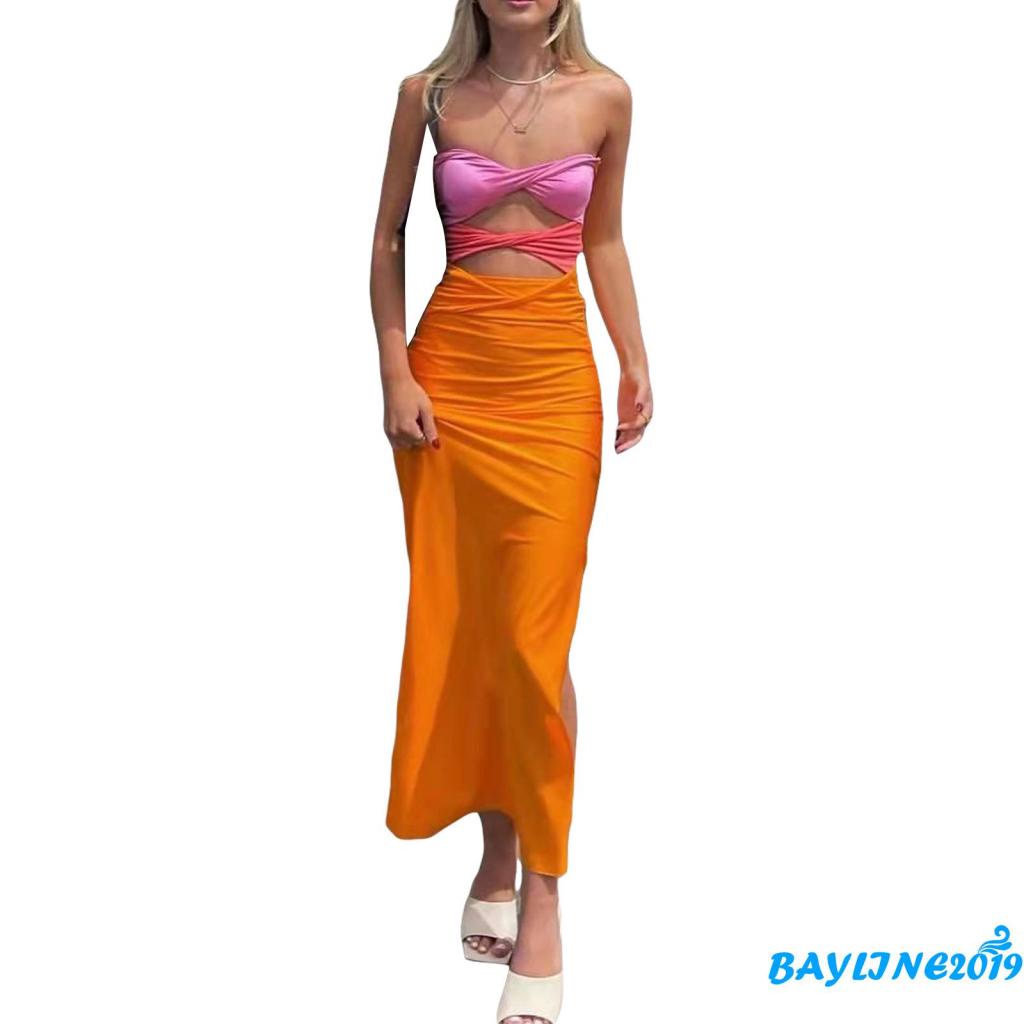 Đầm Midi Ôm Dáng Không Dây Xoắn Màu Tương Phản Thời Trang Cho Nữ
