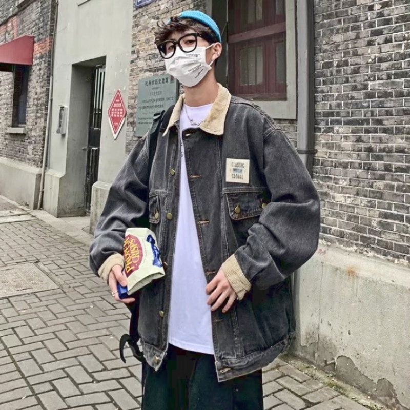 Áo khoác denim dáng rộng cổ bẻ kiểu Hàn Quốc retro thời trang mùa thu cho nam áo khoác dù mero kao